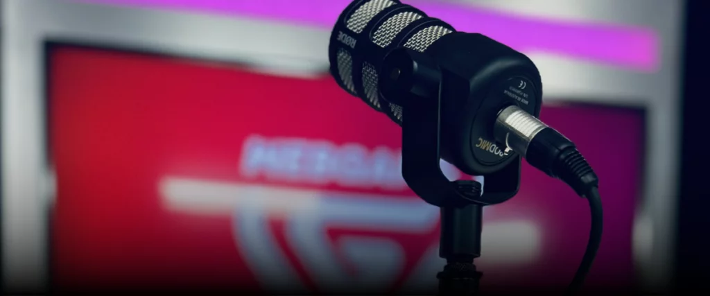 mic with out of focus webgains logo in background